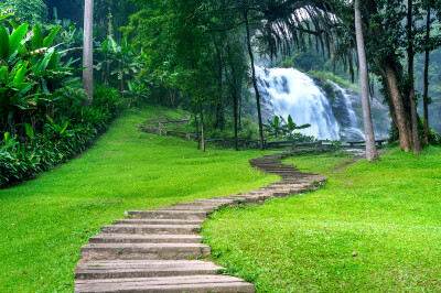 Houten Pad naar de Waterval in de Natuur, Thailand