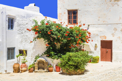 Charmante bloemenstraten van de oude stad op het eiland Naxos, Griekenland